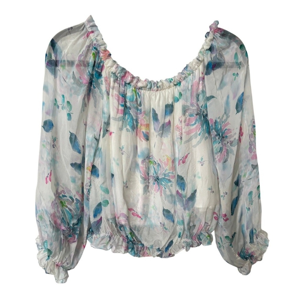 Le Ragazze Italy Silk Blend Floral Off Shoulder Smocked Blouse White Blue L